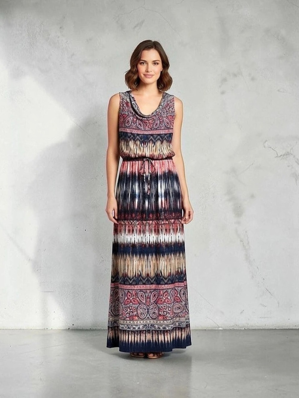 Donna Ricco Paisley Print Cowl Neck Maxi Dress Blue & Red Small
